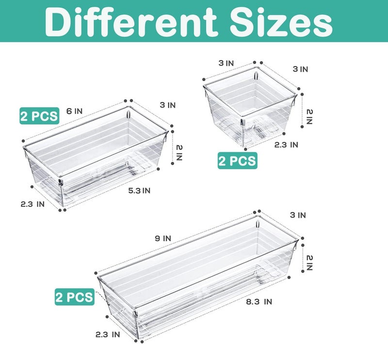 DCA 6 Pack Clear Drawer Organizer, Acrylic Drawer Storage Trays, Storage Bins for Makeup, Cosmetics, Jewelries, Utensils, Gadgets, Office - Image 3